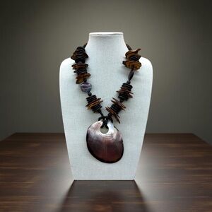 Massive Abalone Shell Pendant and Wooden Beaded Necklace 26" Vintage
